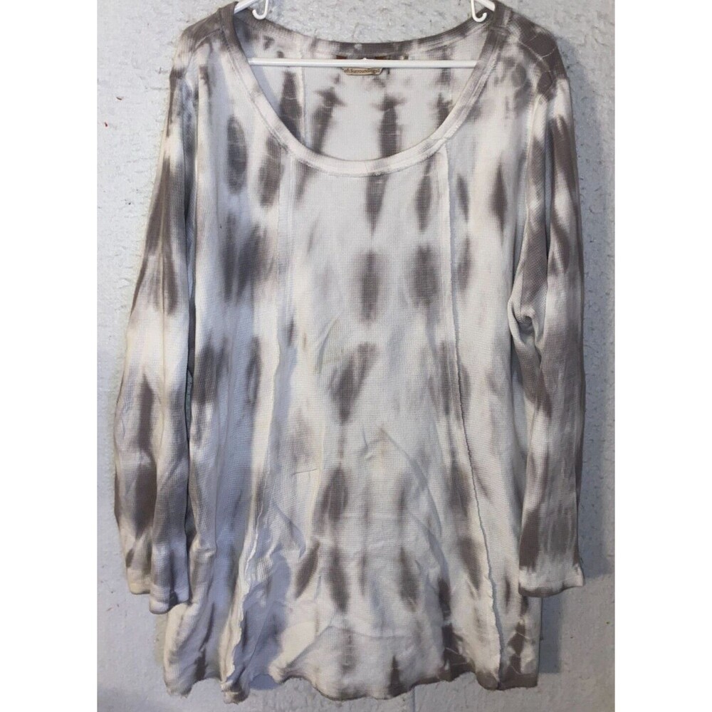 Soft Surroundings Lilidi Tunic Shirt Thermal Raw Hem Tie Dye Gray White Plus 2X
